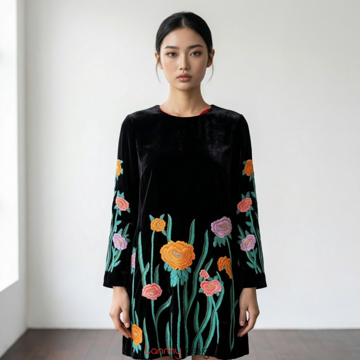 Black velvet dress with floral embroidery on sleeves